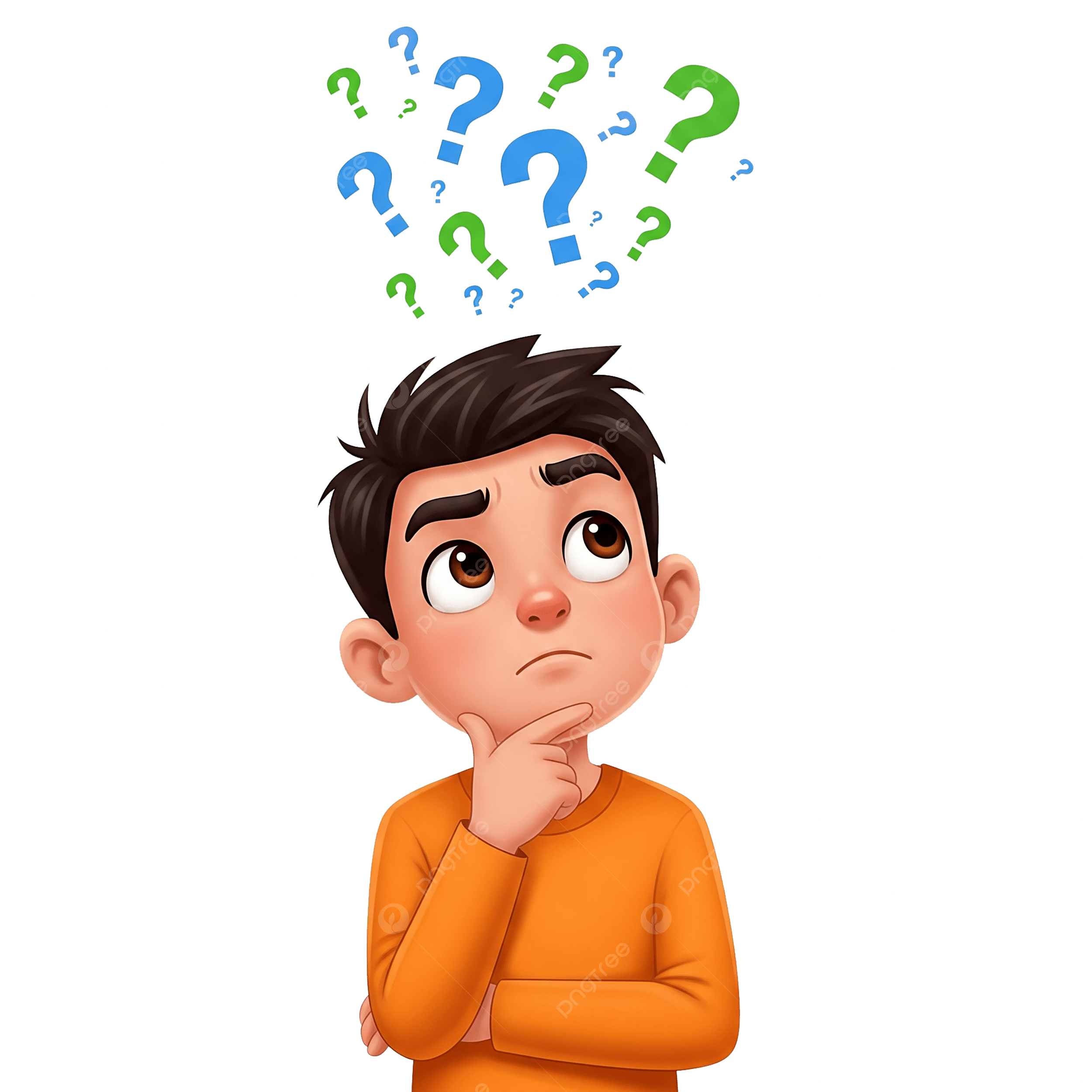 pngtree thoughtful cartoon boy pondering with floating question marks png image 21271311